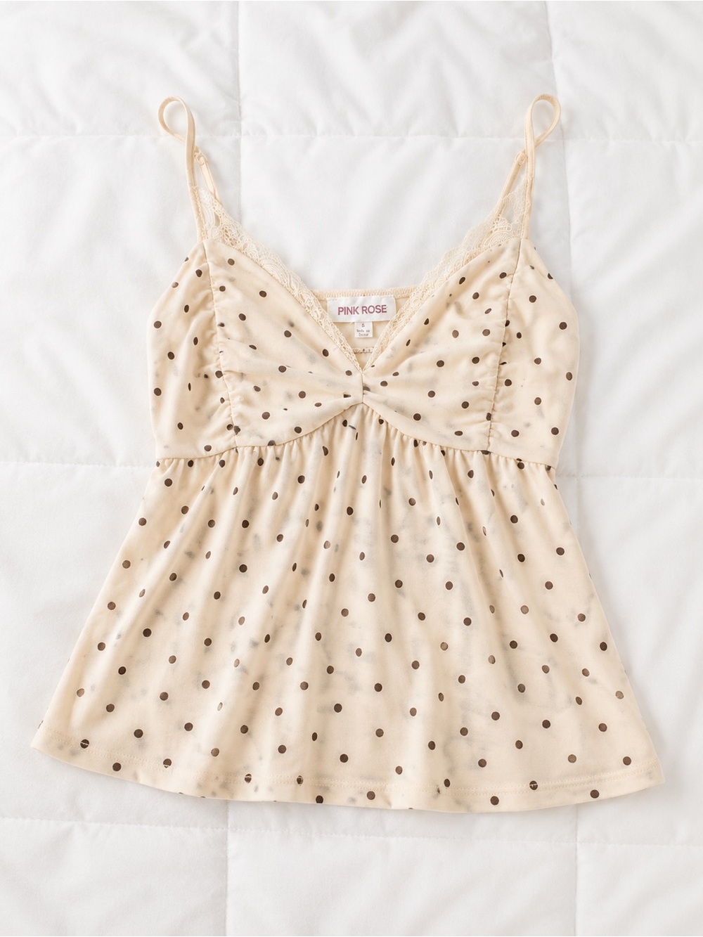 Pink Rose Cream Polka Dot Cami with Lace Trim